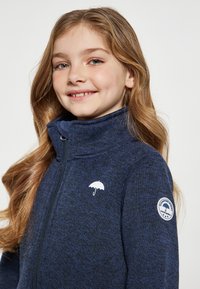 Tamsiai mėlynas užtrauktuku užsegamas fliso džemperis su aukštu apykakle, ant krūtinės turintis baltą skėčio logotipą ir ant rankovės apskritą emblema. Minkštas paviršius.