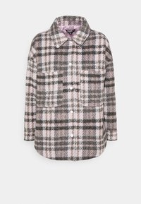 Roze en grijze gebreide plaidjas met kraag, lange mouwen, een voorste knoopsluiting en twee borstzakken met klep.