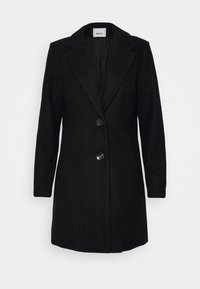 Manteau noir à la coupe ajustée, avec un col cranté, deux boutons à l'avant, des manches longues et une texture lisse.
