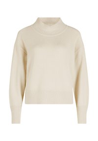 Pull à col roulé crème en tissu doux, avec un col et un ourlet côtelés, une coupe décontractée et des manches longues.