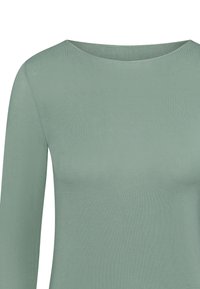 Lichtgroene langemouwen top met een ronde hals en een gladde, elastische stof. Eenvoudig ontwerp zonder zichtbare patronen of accenten.