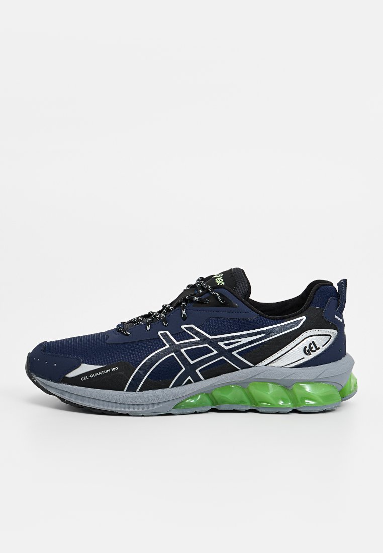 Scarpa da corsa blu navy e nera con logo argento, suola grigia e ammortizzamento in gel verde traslucido, vista di lato su uno sfondo bianco.