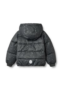 Czarna puchowa kurtka z wzorem gwiazd w metalicznych kolorach, posiada kaptur, ściągacze na rękawach oraz okrągłą naszywkę z logo na plecach.
