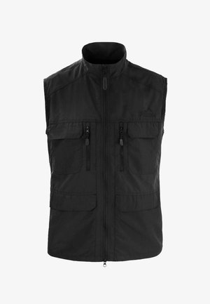 Schwarze ärmellose Weste mit hohem Kragen, Reißverschluss vorne und vier Fronttaschen, darunter zwei mit Reißverschlüssen und zwei mit Klappen.
