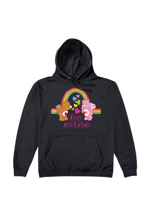 Czarny hoodie z grafiką przedstawiającą dwa niedźwiedzie z tęczą i sercami, z napisem "bądź mój" w żywych kolorach. Miękka tkanina, kaptur ze sznurkiem.