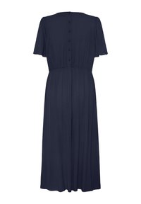 Robe midi bleu marine avec manches courtes, taille élastique et détails boutonnés à l'avant. Tissu plissé doux et encolure ronde.