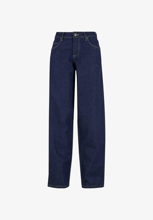 Vaqueros de mezclilla azul marino con ajuste relajado, con cierre de botón, lazos para el cinturón y bolsillos estándar en la parte delantera y trasera.