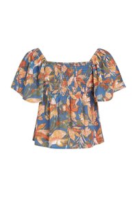 Top mit Blumenmuster, quadratischem Ausschnitt, kurzen Puffärmeln und gerafftem Oberteil. Farben sind Blau, Orange und Grün. Leichter Stoff.