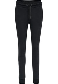 Zwarte sportbroek van zacht materiaal, met een elastische tailleband met trekkoord, toelopende benen en logo-detail aan de zijkant.