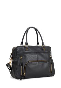Borsa in pelle nera con finitura testurizzata, dotata di due manici superiori, hardware dorato e diverse tasche con zip sul davanti.