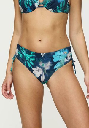 Kwiatowe bikini dolne z granatowym tłem oraz zielonymi i białymi kwiatami. Zmarszczone boki z wiązaniami umożliwiające dopasowanie. Gładki, elastyczny materiał.