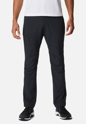 Schwarze Outdoor-Hosen aus leichtem Material, mit schlankem Schnitt, seitlicher Reißverschlusstasche und verstärkten Knieeinsätzen.