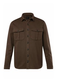 Bruine button-up shirt van zacht stof, met twee borstzakken, lange mouwen en een klassiek kraagontwerp met zwarte knopen.