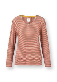 Langwerpige V-hals t-shirt met lange mouwen in roestkleur met witte strepen, featuring een zachte, lichte stof en een contrasterende gele binnenhals.