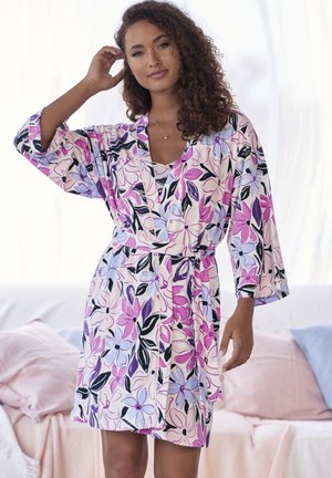 Floral robe in pink, purple, and blue hues with a lightweight fabric, kimono sleeves, and a tied waist. Features a pattern of large leaves and flowers.