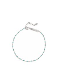 Bracciale in argento con piccole perle di turchese, dotato di chiusura a moschettone e lunghezza regolabile grazie a un'estensione della catena.