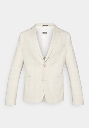 Beige blazer met een subtiel geruit patroon, twee voorkruiszakken, een enkele knoopsluiting en geknipte revers. Gladde stoftextuur.