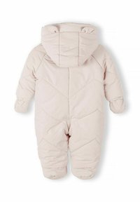 Gevoerde babypak in zachtroze, met een capuchon met oortjes, elastische manchetten en een chevrondesign op de achterkant voor isolatie.