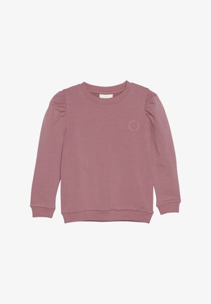 Lilla sweatshirt med lange ermer, rund halsutskjæring, sammenkrøllede puffskuldre og subtilt brodert logo foran. Glatt tekstur.