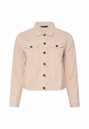 Light pink denim jacket with a button-up front, two chest pockets, and a classic collar. Features metallic buttons and a cropped fit.