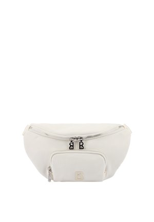 Marsupio bianco con un compartimento principale con zip e una tasca frontale più piccola con zip, entrambi dotati di cursori in argento con il logo "B".