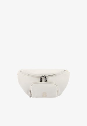 Biała saszetka na pas z jedną główną komorą zapinaną na zamek oraz mniejszą przednią kieszenią z zamkiem, obie z srebrnymi suwakami z logo "B".