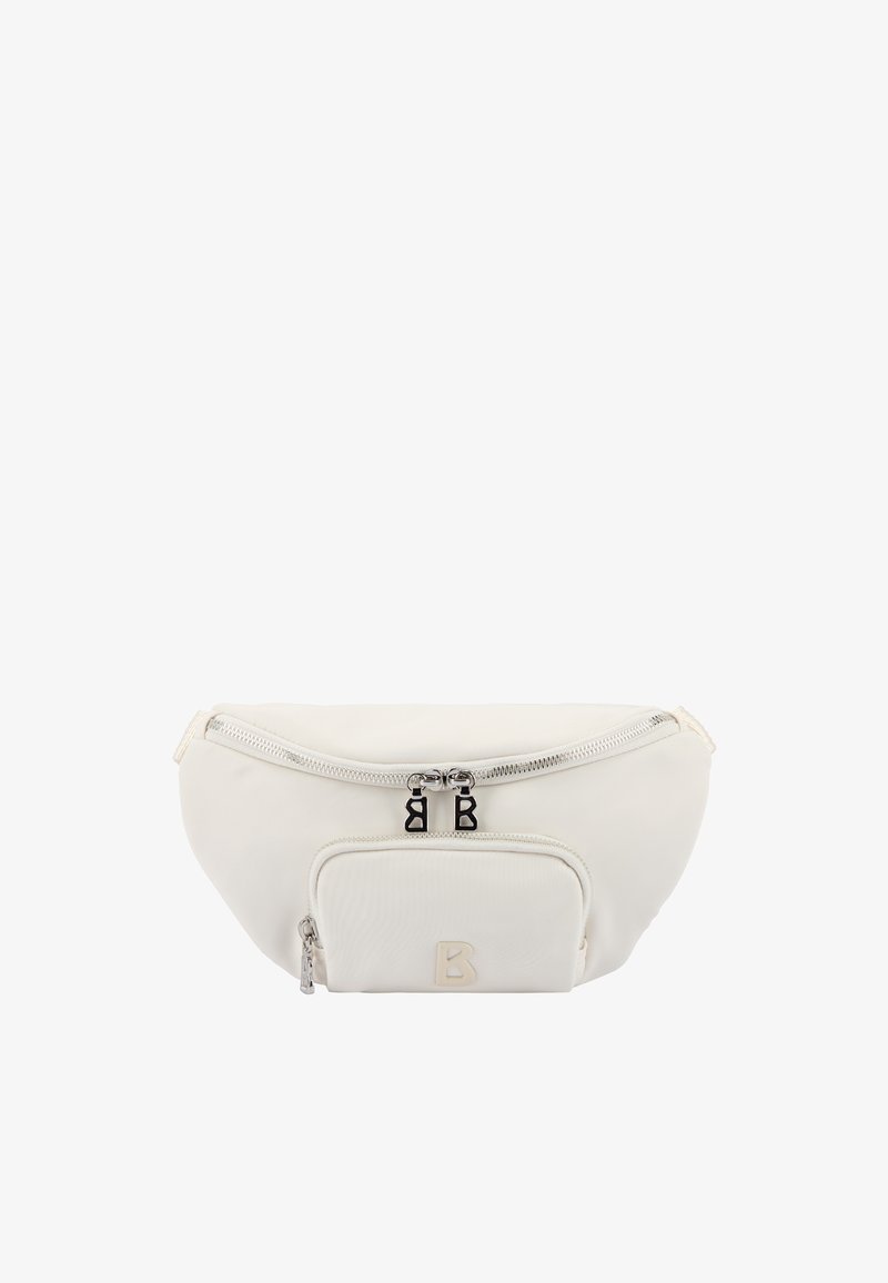 Sac banane blanc avec une grande poche principale zippée et une poche avant plus petite zippée, toutes deux équipées de tirettes de fermeture éclair argentées avec le logo "B".