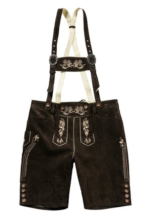 Bruine leren shorts met verstelbare crèmekleurige bretels. Voorzien van verfijnde witte bloemaccenten en zijzakken met decoratieve knopen.