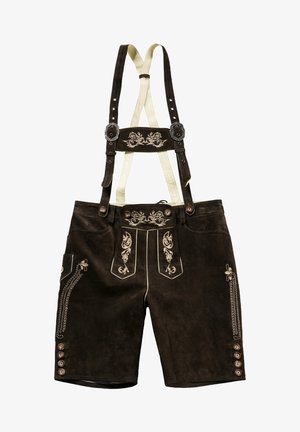 Brown leather shorts with adjustable cream suspenders. Features intricate white floral embroidery and side pockets with decorative buttons.