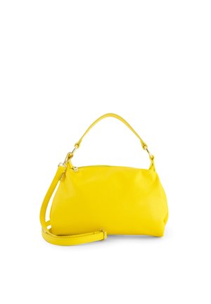 Gelbe Lederhandtasche mit strukturierter Oberfläche, ausgestattet mit einem oberen Griff und einem abnehmbaren Schultergurt, akzentuiert mit goldfarbener Hardware.
