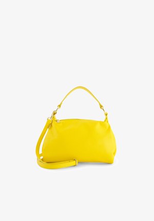 Yellow leather handbag with a textured finish, featuring a top handle and a detachable shoulder strap, accented with gold-tone hardware.
