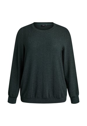 Sweatshirt à manches longues de couleur vert foncé avec un col rond, fabriqué en matériau brillant, avec des poignets et un ourlet côtelés.