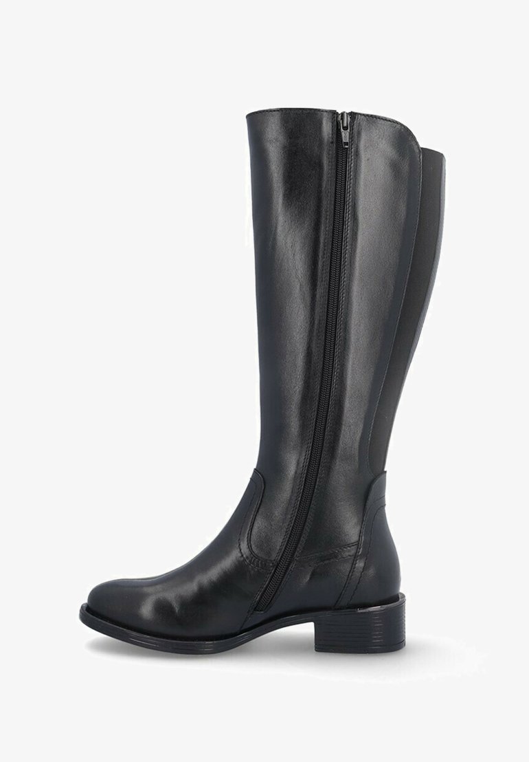 Bota de cuero negra hasta la rodilla con cremallera lateral, punta redondeada y tacón grueso. Presenta una textura suave y un diseño minimalista.