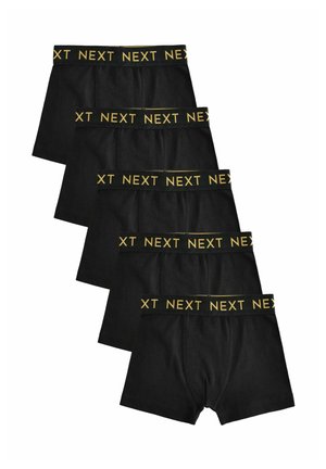 Caleçons boxers noirs avec un logo "NEXT" jaune sur la ceinture élastique. Cinq paires présentées dans une disposition empilée. Texture de tissu douce.