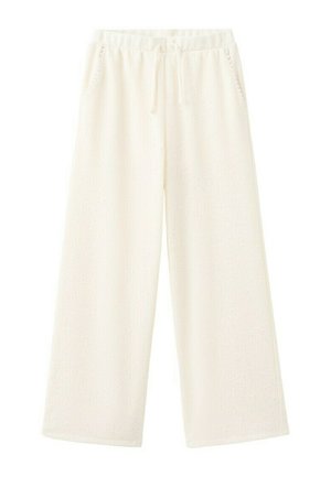 Pantalon large en polaire écru avec taille élastique, cordon de serrage et poches latérales.