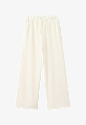 Gebroken witte wijde fleecebroek met elastische tailleband, trekkoord en zijzakken.