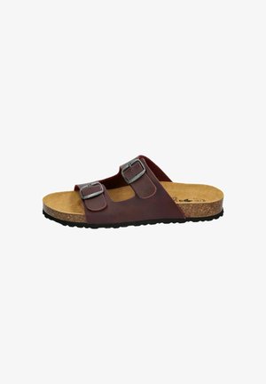 Red leather slide sandal with two adjustable silver buckles, cork footbed, and textured rubber sole. Open toe design, casual fit.