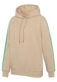 Felpa beige con cappuccio, caratterizzata da strisce verdi ai lati, dettagli bianchi, cappuccio con cordino e polsini e orlo a costine. Texture liscia.