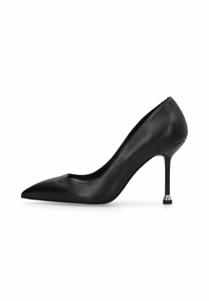 Décolleté in pelle nera con punta appuntita, tacco a stiletto alto e sottile e finitura liscia, mostrato di profilo su uno sfondo bianco.