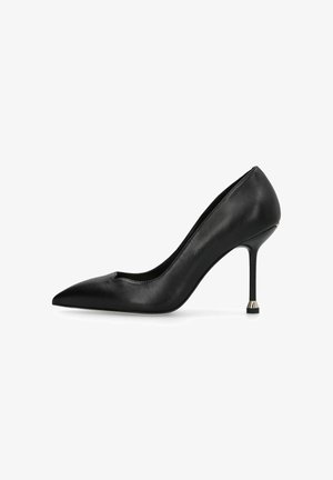 Black leather pointed-toe stiletto pump with a slim high heel and smooth finish, shown in side profile on a white background.