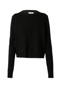 Schwarzer, kurz geschnittener Strickpullover mit langen Ärmeln, Rundhalskragen und geripptem Saum. Weiche Textur mit glatter Oberfläche, minimalistisches Design.