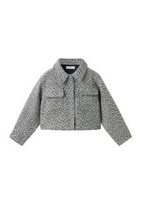 Gray and white herringbone-patterned cropped jacket with a collared neckline and two chest pockets. Textured woven fabric, long sleeves.