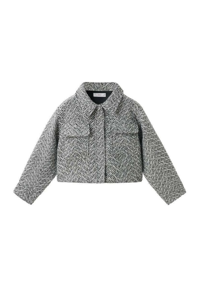 Gray and white herringbone-patterned cropped jacket with a collared neckline and two chest pockets. Textured woven fabric, long sleeves.