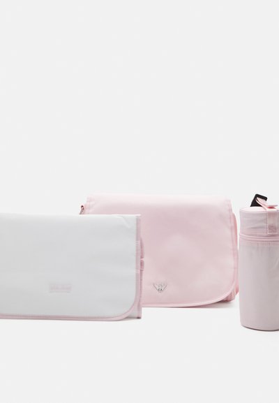 Two bags and a cylindrical container in pink and white. The larger bag features a logo, smooth texture, and a fold-over design; the smaller is cylindrical.