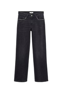 Jeans in denim nero con vestibilità rilassata e gamba ampia. Presentano dettagli in borchie argentate sulle tasche e una chiusura con bottone standard.