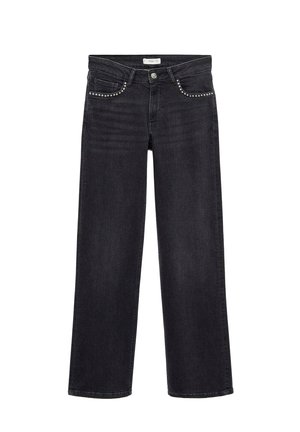 Jeans in denim nero con vestibilità rilassata e gamba ampia. Presentano dettagli in borchie argentate sulle tasche e una chiusura con bottone standard.