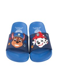 Blue slide sandals featuring textured straps with character designs of a dog in a blue cap and a white dog in a red hat. Patterns include paw prints.