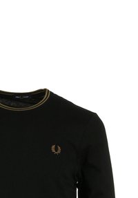 Zwart katoen shirt met lange mouwen, een ronde kraag met gouden accenten en een klein bruin logo op de borst.