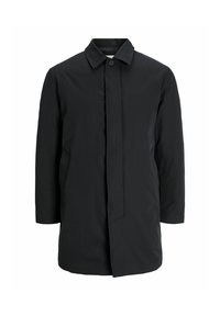 Černý kabát do kolen vyrobený z hladké, lehké látky. Má klasický límec, zapínání na knoflíky vpředu a dvě boční kapsy.