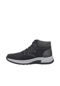 Bottines en cuir noir avec un col en textile gris, semelle en caoutchouc, cinq œillets et coutures contrastées. Design durable et décontracté.